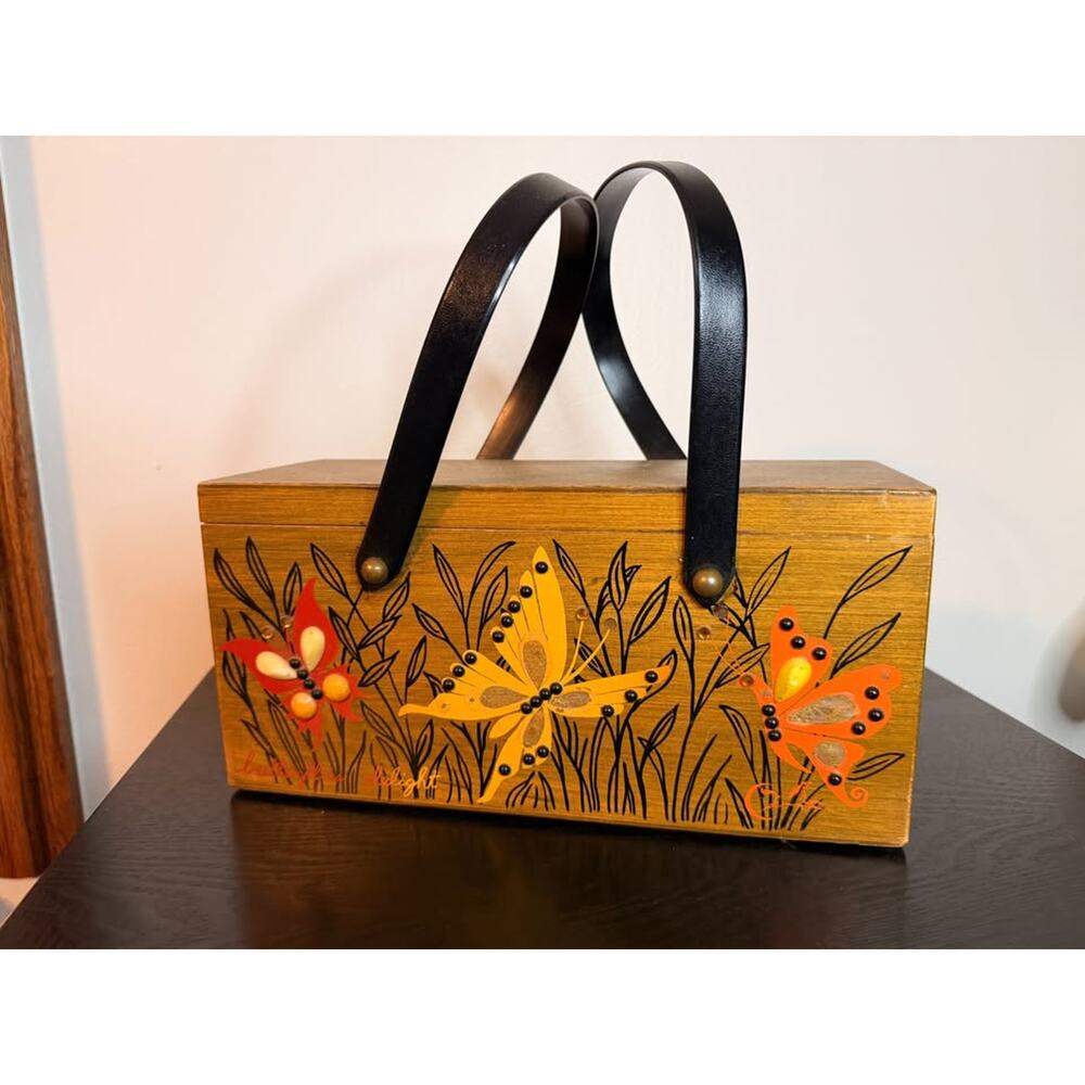 Enid Collins of Texas Rectangular Wood Butterfly Delight Box Purse 70s